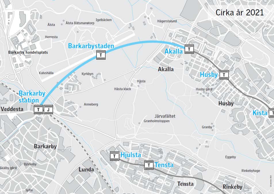 Tunnelbanans utbyggnad Tunnelbana Akalla Barkarby Sträckningen utgör en förlängning av dagens Blå linje från Akalla till Barkarby 8, med stationer i Barkarbystaden och Barkarby station.