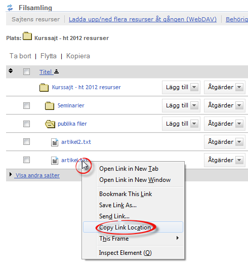 För att få fram filernas URL är det enklast att högerklicka på filerna och kopiera