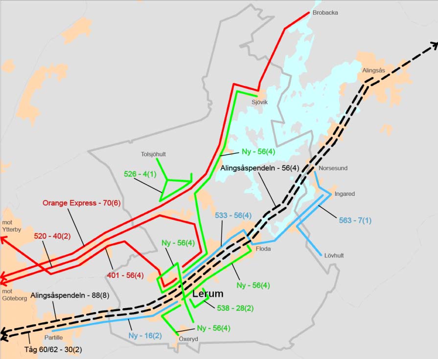 FÖRSLAG TILL FRAMTIDA TRAFIKERING I LERUMS KOMMUN LERUM 2025 00 00 (0) Regional busstrafik mot Göteborg Övrig regional busstrafik Lokal busstrafik Tåg Dubbelturer i maxtimmen Dubbelturer/var