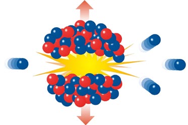 Från de delade atomkärnorna frigörs neutroner som i sin tur klyver andra atomkärnor. Det uppstår en kedjereaktion. Värmeenergi får vatten att koka och bilda ånga som driver turbiner.