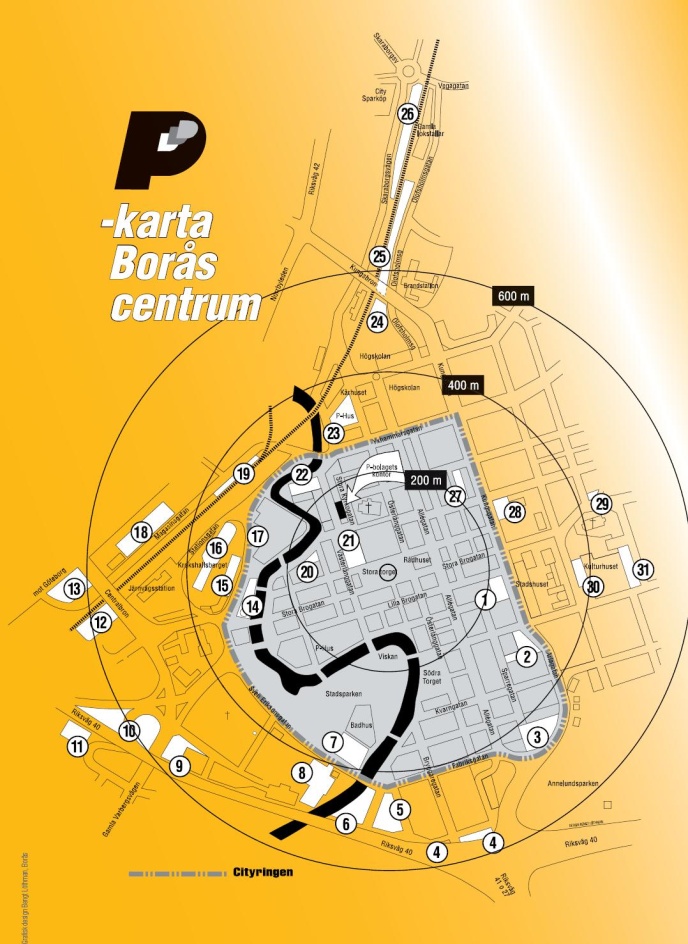 BPAB har också 550 parkeringsplatser på gatumark innanför cityringen med en maximal parkeringstid på två timmar och en kostnad på 15 kronor/h (BPAB, 2010).