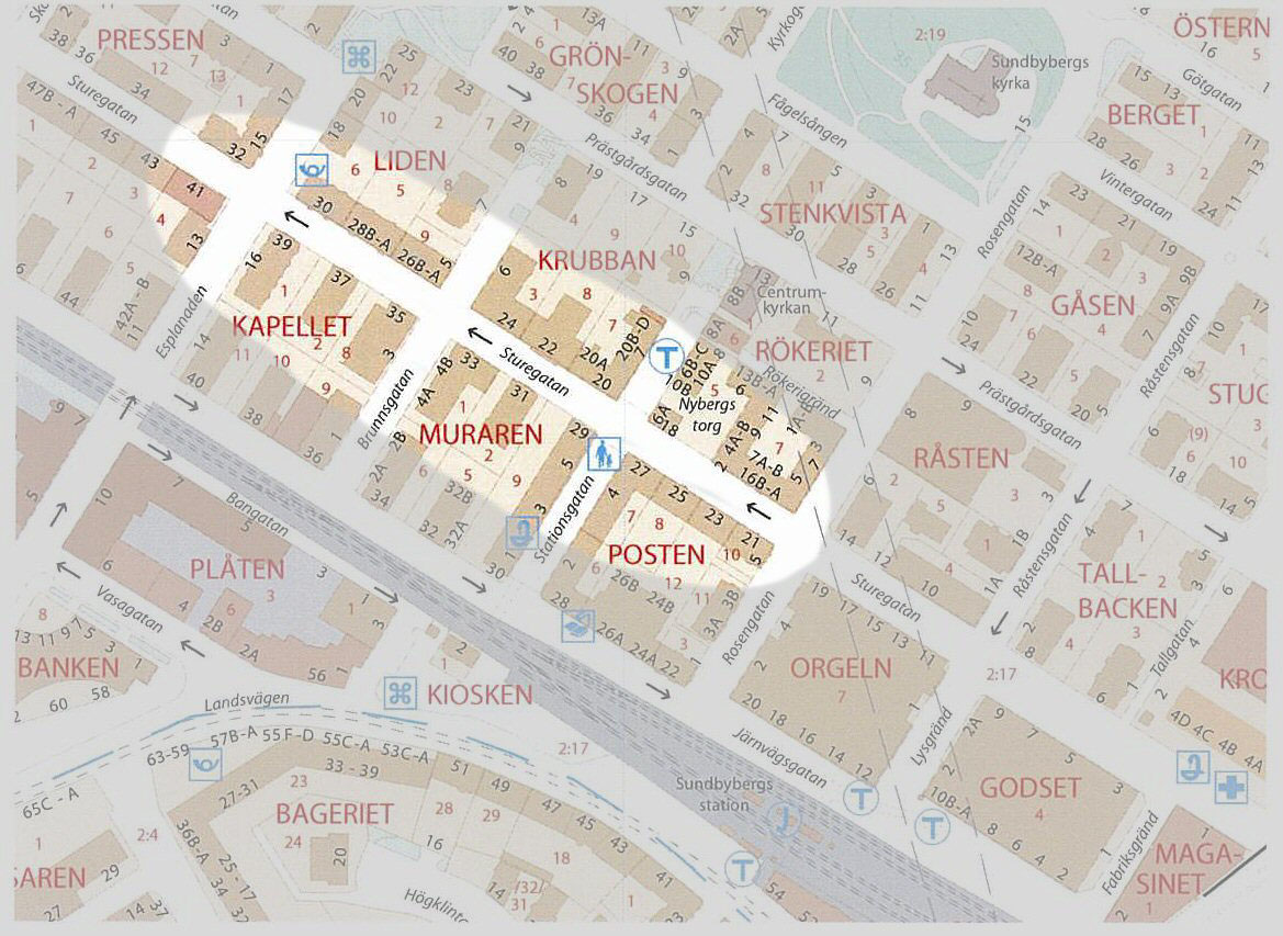 Orientering Omfattning Utredningen behandlar Fastigheten Posten 7 i centrala Sundbyberg och dess närmaste omgivningar kring Sturegatan och Stationsgatan.