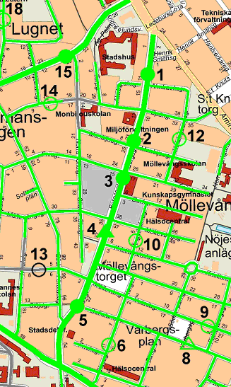 Figur 7-2 Bergsgatan, Malmö Tabell 7-6 Punkthastigheter på fem platser längs Bergsgatan, Malmö Mätplats Gatutyp Förändring Medel Medel 85-p 85-p Före Efter Före Efter MA01 H 50 40 41,4 38,4 46,0 43,0