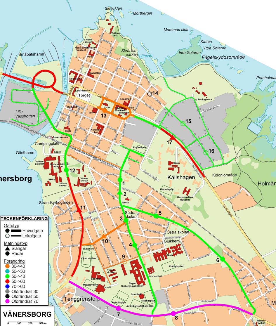Figur 8-1 Hastighetsgränser före och under försöket, Vänersborg I Vänersborg har många olika hastighetsgränsförändringar genomförts på olika gatutyper och de olika mätningarna har delats upp mellan