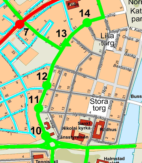 Figur 4-4 Karl XI:s väg, Halmstad Tabell 4-7 Punkthastigheter på fyra platser längs Karl XI:s väg, Halmstad Mätplats Gatutyp Förändring Medel Medel 85-p 85-p Före Efter Före Efter HA10 H 50 40M 30,6