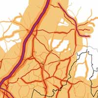 Kartbilden Trafikbuller Skåne år 2000 visar hur svårt det har blivit att finna bullerfria