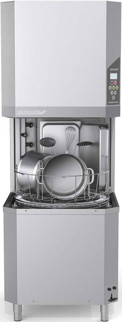 Kombinationen av hög kapacitet, kompakt konstruktion och den enkla hanteringen gör genommatningsmaskinen Granule Gastro till en perfekt lösning för kök som har en stor andel Gastronormbleck att