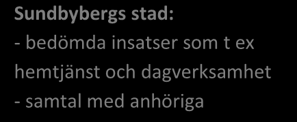 Sundbybergs stad: - bedömda insatser som t ex hemtjänst och dagverksamhet - samtal med anhöriga Hälso- och sjukvården