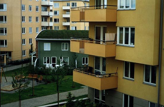 När det regnat mycket dominerar den gröna färgen. Efter en längre torrperiod skiftar vegetationen mer i gulbrunt. Elva radhus med ungefär 600 kvadratmeter takyta har varken plåt eller tegel på taket.