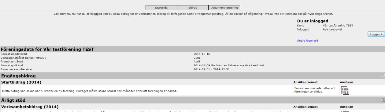 Sidan du kommer till har tre flikar: Startsida: Här ser du vilka bidrag som finns att söka, information och särskilda riktlinjer samt sista ansökningsdag.