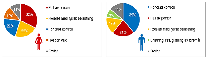 2015-05-26 2015/007002 15 (39) Figur 3. Orsak till anmäld arbetsolycka med sjukfrånvaro fördelat på kvinnor och män. År 2010-2014. Procent.