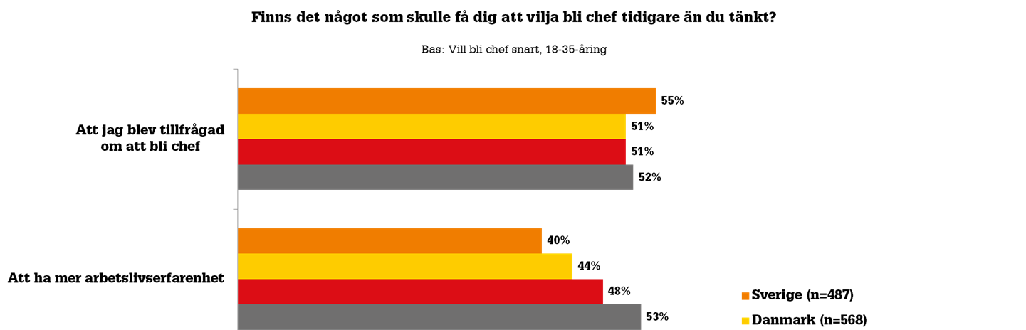 Vad skulle få unga att vilja bli chef tidigare? Det som skulle kunna få unga att vilja bli chef tidigare än vad de tänkt sig är att de fick frågan om de vill bli chef.