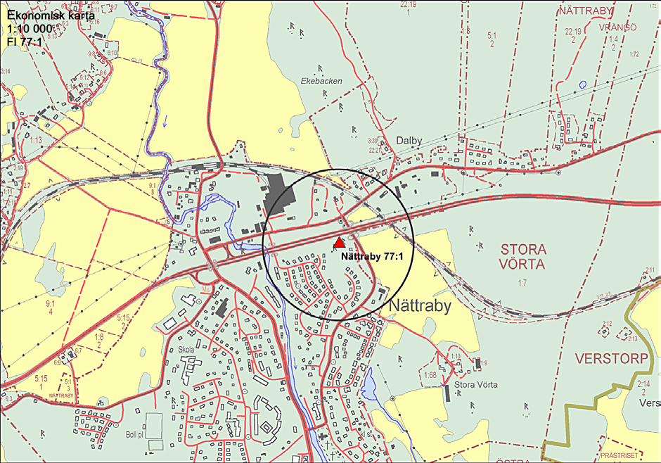 Fig. 2 Ekonomisk karta, 1:10 000, fornlämning 77:1 inringat.