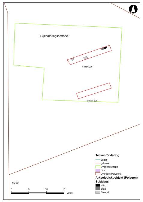 Figur 3. Schaktens placering i exploateringsområdet. I samband med denna undersökning undersöktes även fornlämning Vä 271, varvid det framkom ca 1200 arkeologiska objekt (Helgesson 2012).