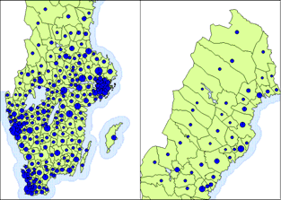 SOU 2009:11 Kunskaps- och kompetensförsörjning Figur 9.2 Befolkningsfördelning i landets kommuner 2007 Punkterna är proportionerliga mot befolkningsstorleken i respektive kommun. Källa: SCB.