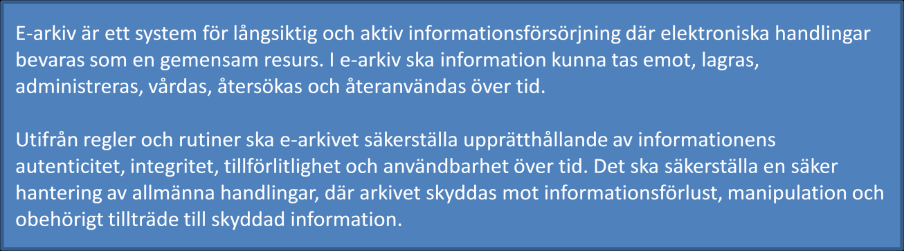Tove Engvall 13-05-31 05 105(136) 8.3 System för långsiktig informationsförsörjning I förstudien om e-arkiv och e-diarium lyfts begreppet system för långsiktig informationsförsörjning fram.