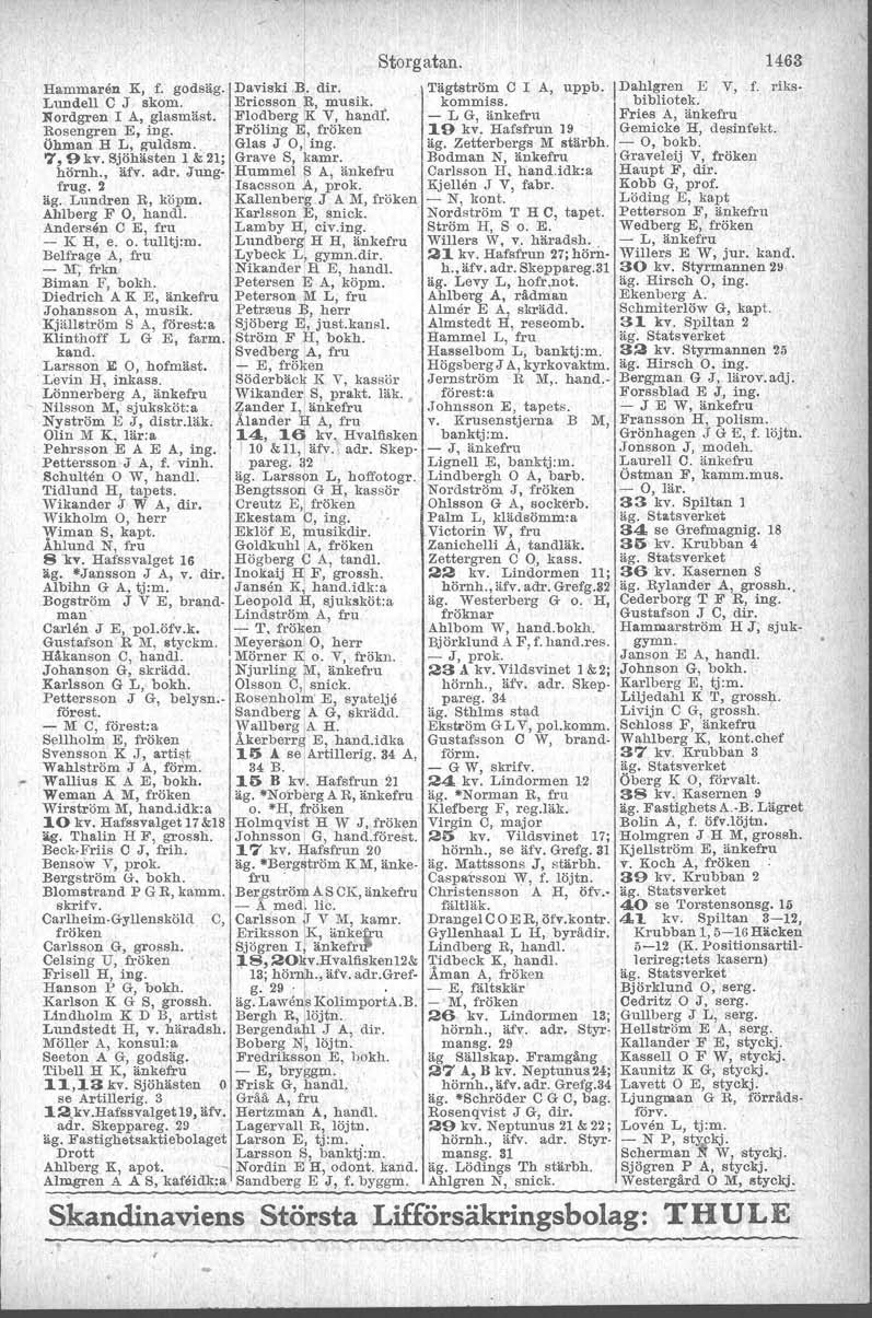 Hammaren K, f. godsäg. DaviskrB. dir. Lundell C J skom. Ericsson R, musik. l'lordgren I A, glasmäss. Flodberg K V, handf, Rosengren E, ing. Fröling E, fröken öhman H L, /PIIdsm.. Glas J O, ing. 7,9kv.