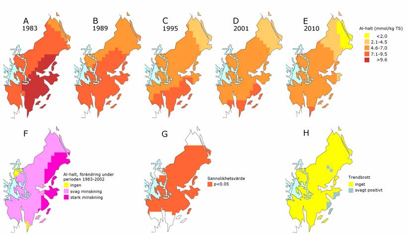förekommer det positiva trendbrottet inom mycket begränsade områden. Situationen vad gäller utbytbart aluminium i B-horisonten i länets skogsmark fram till år 2010 kan därför betecknas som god.