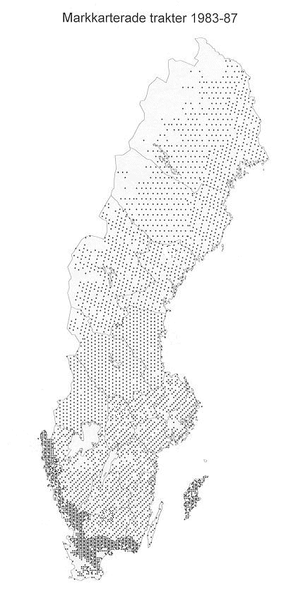 Figur 2. Ståndortskarteringens trakter och provytor ligger i ett systematiskt utlagt rutnät över landet.