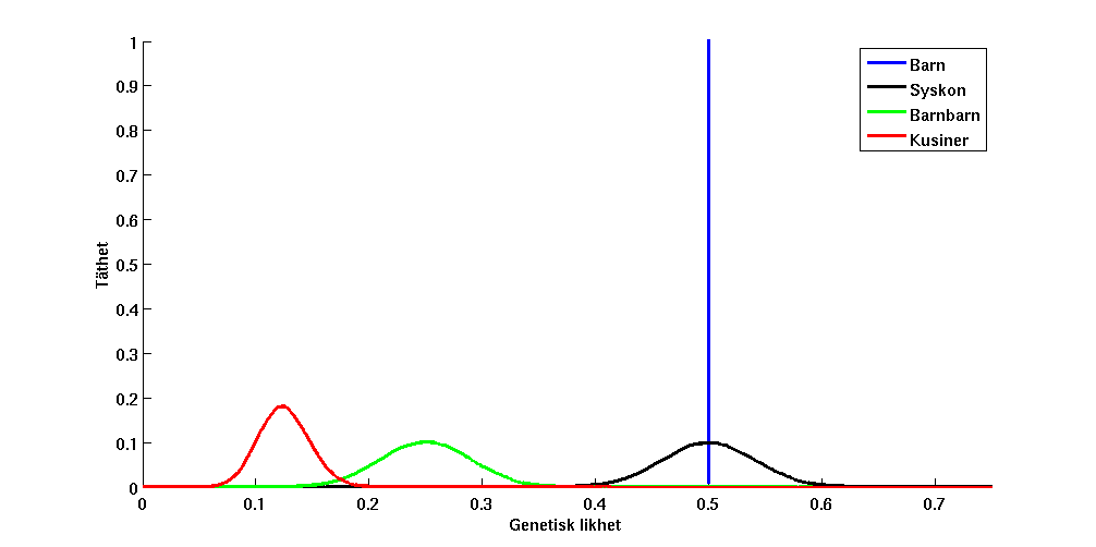 Figur 19: I guren visas graferna som representerar relationerna mellan en person och sitt barn, syskon, barnbarn och kusin (utan könskromosomer) 3.