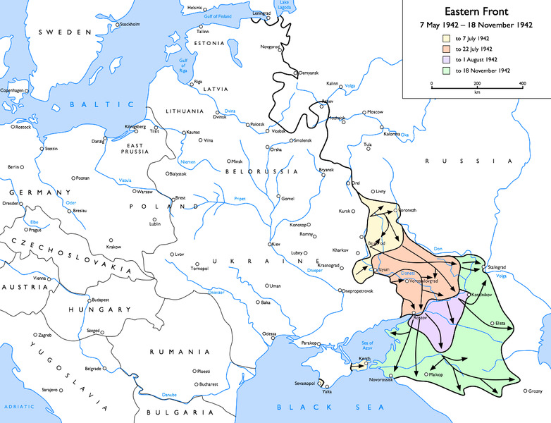 Stalingrad november 1942 januari 1943 Under 1942 och 1943 utkämpades flera slag vid Östfronten. Tyskland hade vid den här tiden 80% av sina stridskrafter i Sovjetunionen.