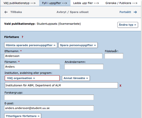 Gör så här: 1. Logga in i DiVA http://kau.diva-portal.org/login med ditt Net ID (studentkonto). 2. Välj publikationstyp: Studentuppsats (Examensarbete) är förvald. Klicka på fortsätt.