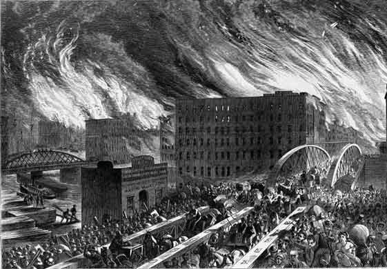 Den stora branden i Chicago 1871. Det förebyggande brandskyddet i staden var starkt eftersatt. Nästan allt var byggt av trä, till och med trottoarerna. Foto: Chicago Historical Museum.