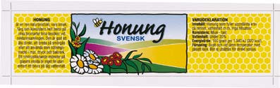 Etiketter 155B Etiketter, Honung Svensk, torrgummerade ( fukta baksidan före etikettering ) till glasburkar, i fyrfärgstryck med plats för namnetikett om så önskas. Pris / förp. om 300 st.