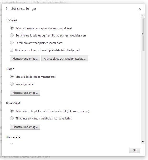 Google Chrome Cookies och JavaScript Om du inte kan tillåta ala cookies och/eller