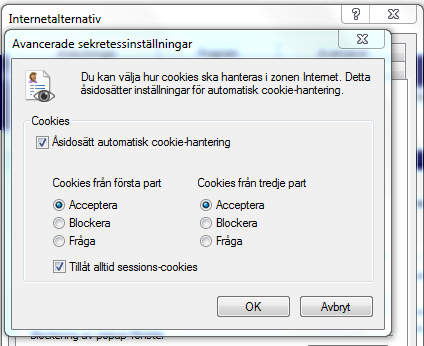 Internet Explorer 8 Cookies Tryck på knapp Avancerat för att komma till
