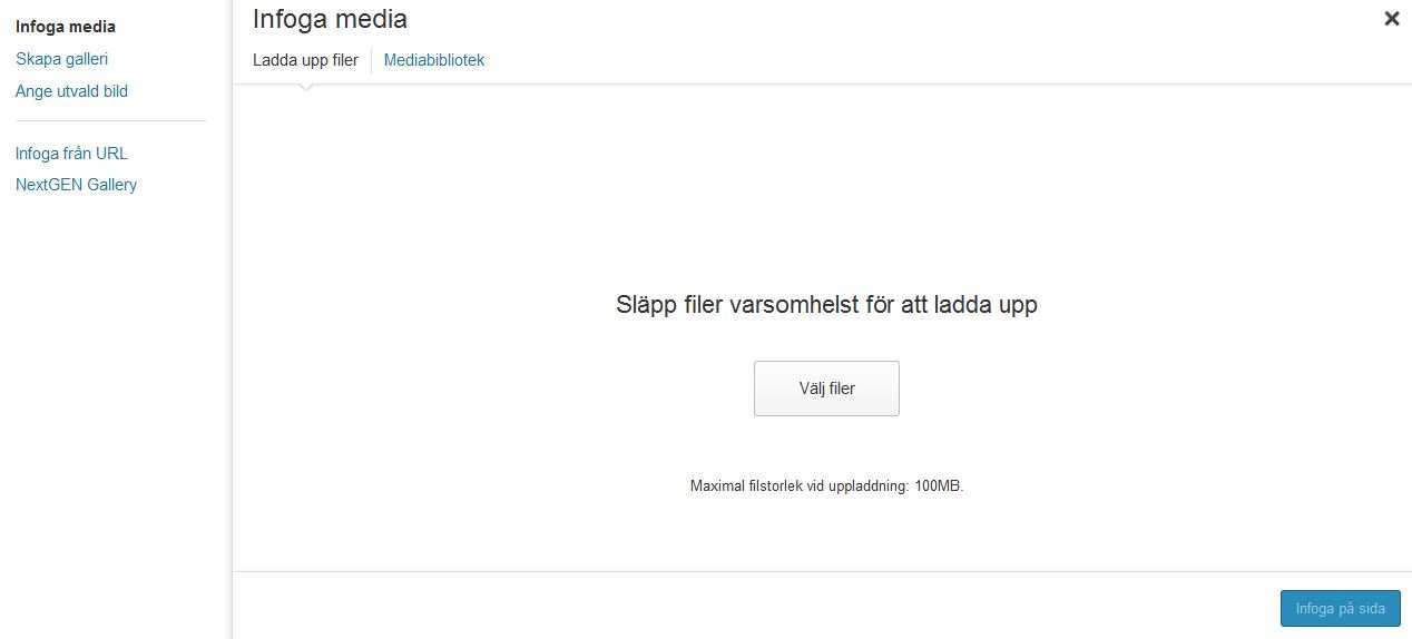 Lägga in bilder och filer WORDPRESSGUIDE 2013 Vill du lägga in bilder eller andra filer i din sida använder du dig av Lägg till media knappen som du ser ovan.