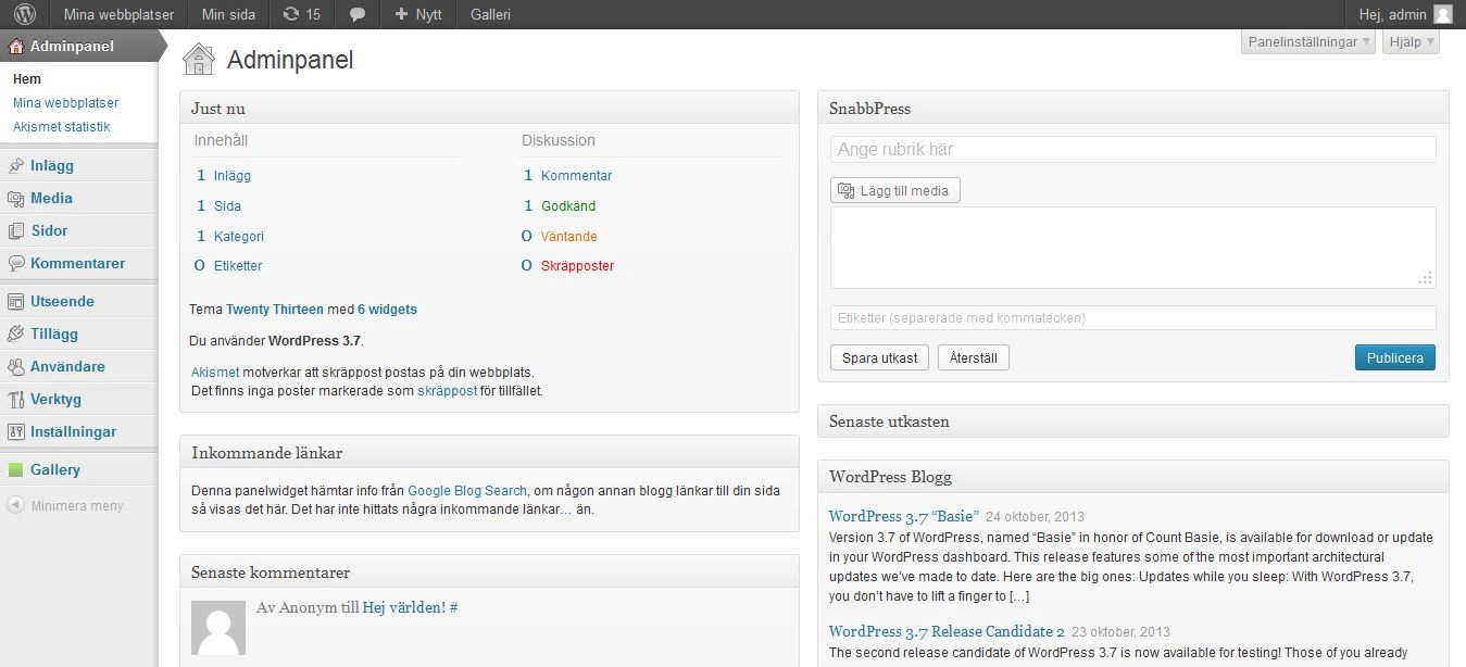 Administrationspanelen Det här är den första sidan som du får upp när du har loggat in. Nu är du inne i administrationspanelen. På bilden ser du att min hemsida heter Min sida (på den grå raden).