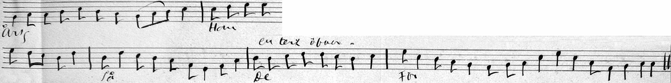 Bild 6: Den redigerade versionen av melodin till Ebbe Årsgammalsson som Stephens gjort utifrån de anvisningar som finns i Vs 3 (GSMS 461) Flera skillnader mellan de två melodiversionerna hänger