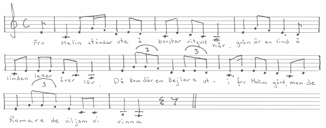 Bild 5: Förslag till rekonstruktion av melodin till Näcken bejlare, GSMS (nr 102) i tvåtidig rytm. Bild 6: Förslag till rekonstruktion av melodin till Näcken bejlare, GSMS (nr 102) i tretidig rytm.