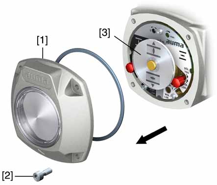 AM 01.1/AM 02.1 Idrifttagning (grundinställningar) 1. Lossa skruvarna [2] och ta av locket [1] från styrenhetsutrymmet. Bild 29: 2.