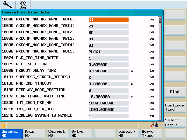 System 8.3 System - softkeys (MD) Maskindata är indelade i de i det följande beskrivna grupperna.