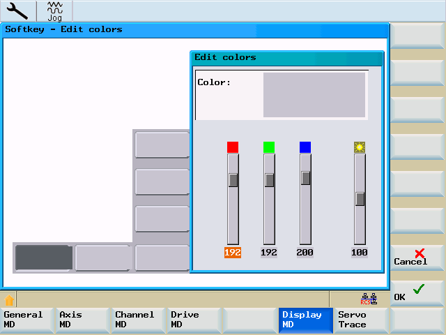 System 8.3 System - softkeys (MD) Indikering maskindata Öppna fönstret "Visa maskindata". Med Bläddra-knapparna kan du bläddra framåt och bakåt.
