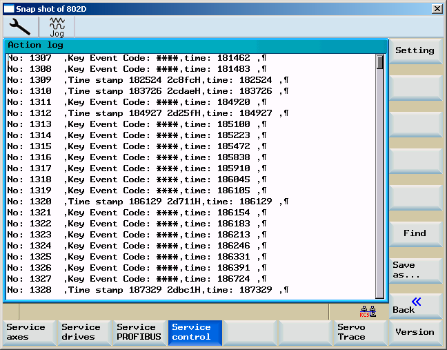 System 8.4 System - softkeys (Service indikering) Funktionen "Färdskrivare" är avsedd för servicefall och visar en lista över alla upptecknade händelser.