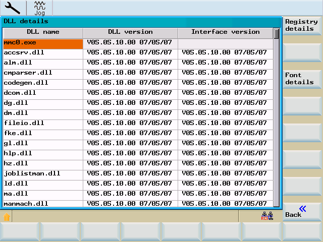 System 8.4 System - softkeys (Service indikering) Detta fönster innehåller versionsnumren och produktionsdatum för de enskilda CNCkomponenterna.