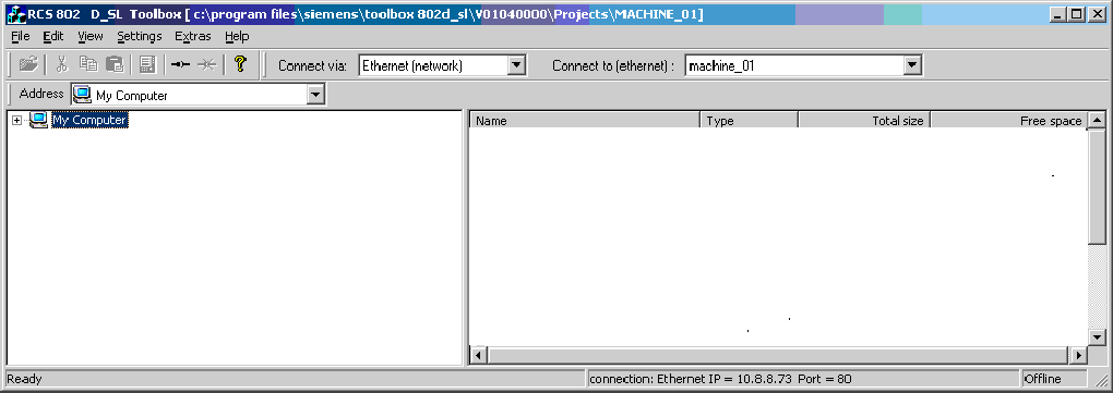 Nätverksdrift 11.2 RCS-Tool RCS-Tool Bild 11-8 Explorer-fönster till RCS-Tools Efter start av RCS-Tools, befinner du dig i OFFLINE-modus. Det betyder, du kan bara förvata filer på din PC.