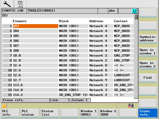 PLC-diagnos 13.2 Manövermöjligheter Med denna softkey väljs listan med korshänvisningar. Alla i PLC-projektet använda operander indikeras.
