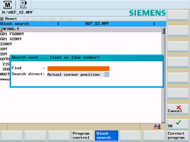 Automatikdrift 6.4 Stoppa, avbryta detaljprogram Bild 6-7 Mata in sökbegrepp Med togglerutan kan fastläggas från vilken position begreppet skall sökas.