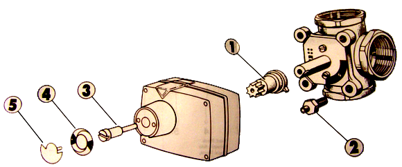 3. Montering av shuntmotor på shunt Montera motorn på shuntventilen enligt följande: a) Montera motorfäste i nedre högra fästet (2 på bild nedan).