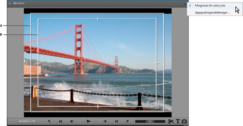Ordna klipp i en film 105 Säkra områden på monitorpanelen A. Marginal för rörelsesäker yta B. Marginal för titelsäker yta Högerklicka/Ctrl-klicka på monitorpanelen och välj Marginaler för säkra ytor.