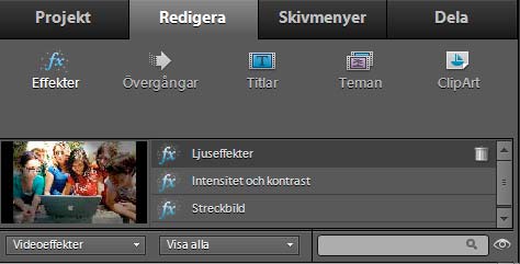 Använda effekter 147 Ta bort en effekt från ett projekt Fler hjälpavsnitt Återställa en effekt till dess standardegenskaper på sidan 151 Ta bort alla effekter 1 I tidslinjen markerar du det klipp