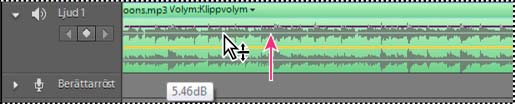 Lägga till och mixa ljud 250 Justera volym i tidslinjen Du kan justera klippens volym direkt i ljudspåret i tidslinjen.