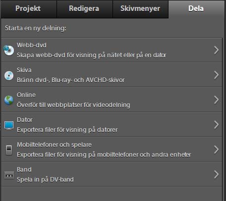 266 Kapitel 15: Spara och dela dina filmer Du kan exportera och dela filmer, stillbilder och ljud i olika filformat på webben, mobila enheter, videoband, Video CD-skivor och Super Video CD-skivor.