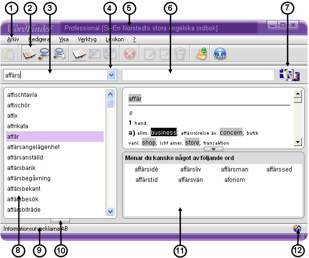 WordFinder-fönstret Här är en översikt över de möjligheter du har i WordFinders programfönster: 1 Menyrad. 2 Knapprad. 3 Här skriver du in sökordet.