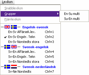 Så här kan menyn se ut: Här ser du alla lexikon du har installerade samt egna lexikon du har skapat, uppdelade i avdelningar efter vilka språk de gäller.