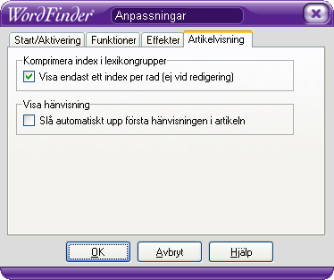 Artikelvisning På den här fliken kan du göra följande val: Komprimera index i lexikongrupper När du har skapat lexikongrupper kan du välja att visa sökresultatet i komprimerad form eller okomprimerad